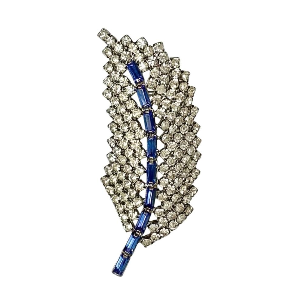 Vintage 1960s Blue Baguette & Clear Rhinestone Leaf Mid Century Brooch